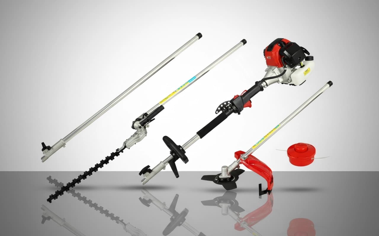 M&R TOOLS 4-in-1 Multi-Tool with hedge trimmer, strimmer, brush cutter attachments and extension pole