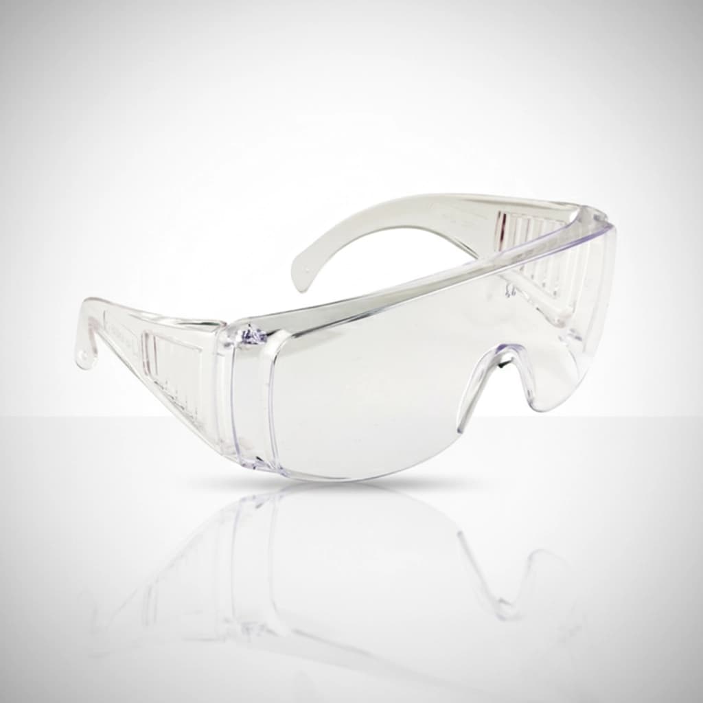 Close-up of clear safety goggles with adjustable strap, offering excellent eye protection.