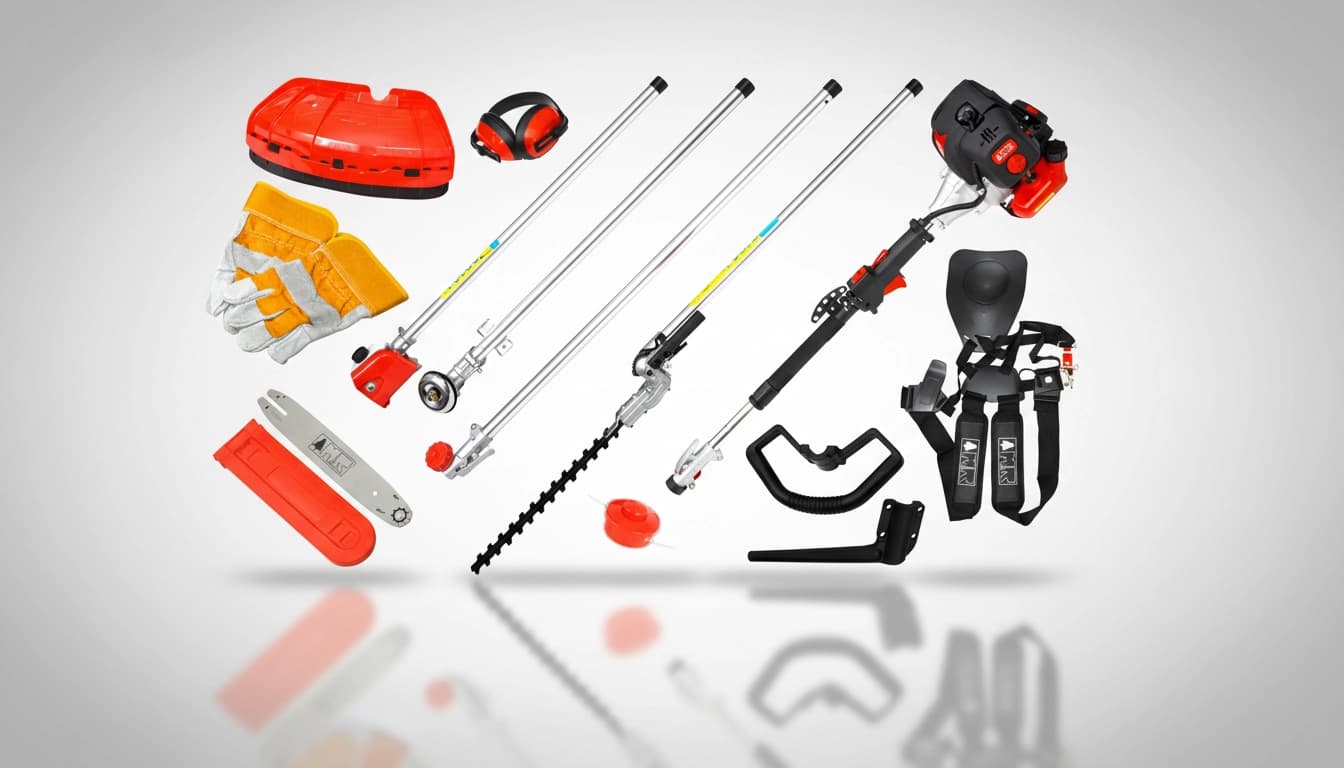 52cc 5-in-1 Garden Multi-Tool featuring hedge trimmer, strimmer, and brushcutter attachments.