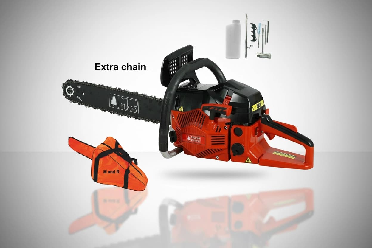 M&R BRAND 62cc petrol chainsaw with 20-inch bar, extra chain, and carry bag